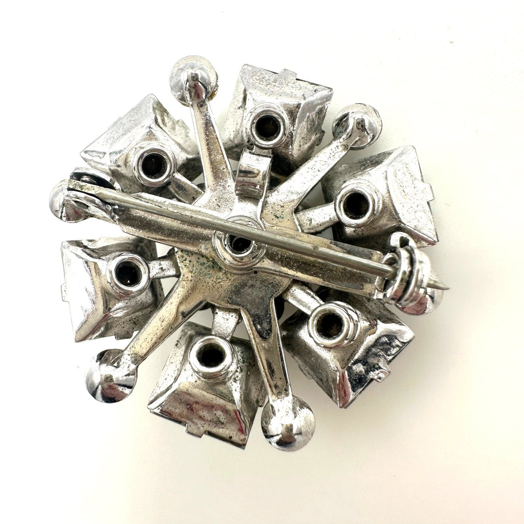 Vintage 1940s 1950s silver tone clear glass rhinestones brooch pendant 1.25"
