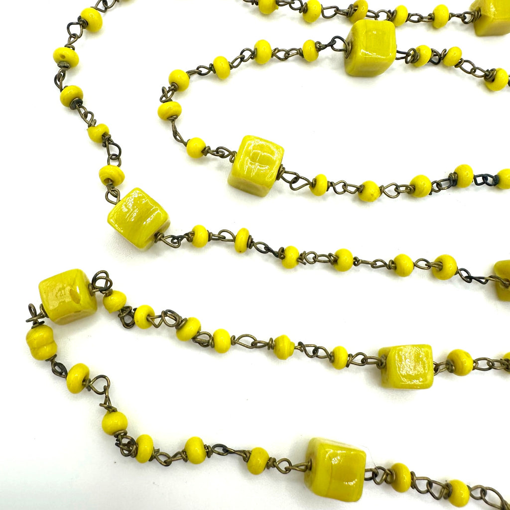 Antique Art Deco Czech yellow art cadmium glass beads beaded brass 41" necklace