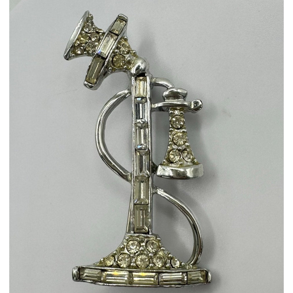 Vintage retro silver tone rhodium plated clear rhinestones telephone brooch