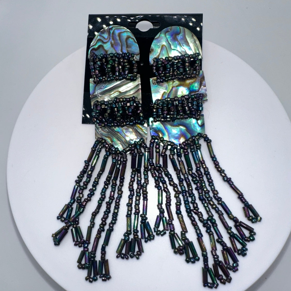 Vintage genuine abalone black luster glass beads beaded post dangle earrings