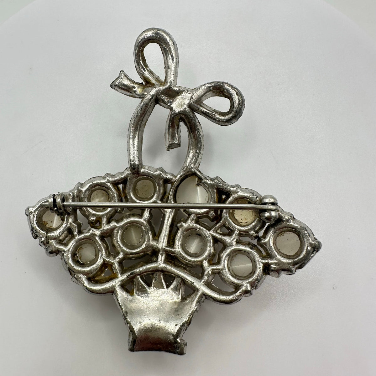 Coro 1941 silver rhodium plated white moonglow lucite rhinestones basket brooch