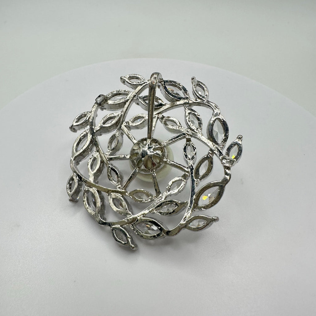 Vintage silver tone clear cubic zirconia CZ faux pearl round circular pendant