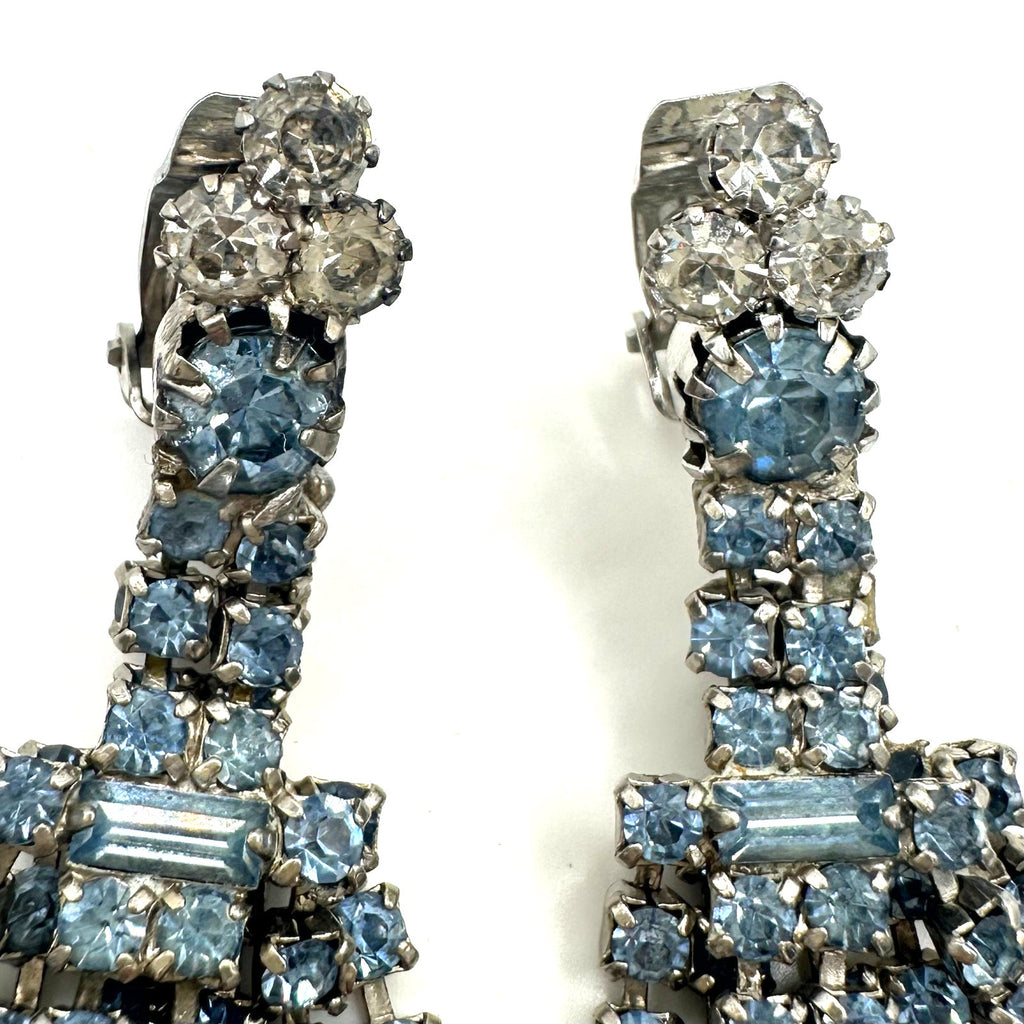 Vintage silver tone light blue clear rhinestones drop fringe clip on earrings