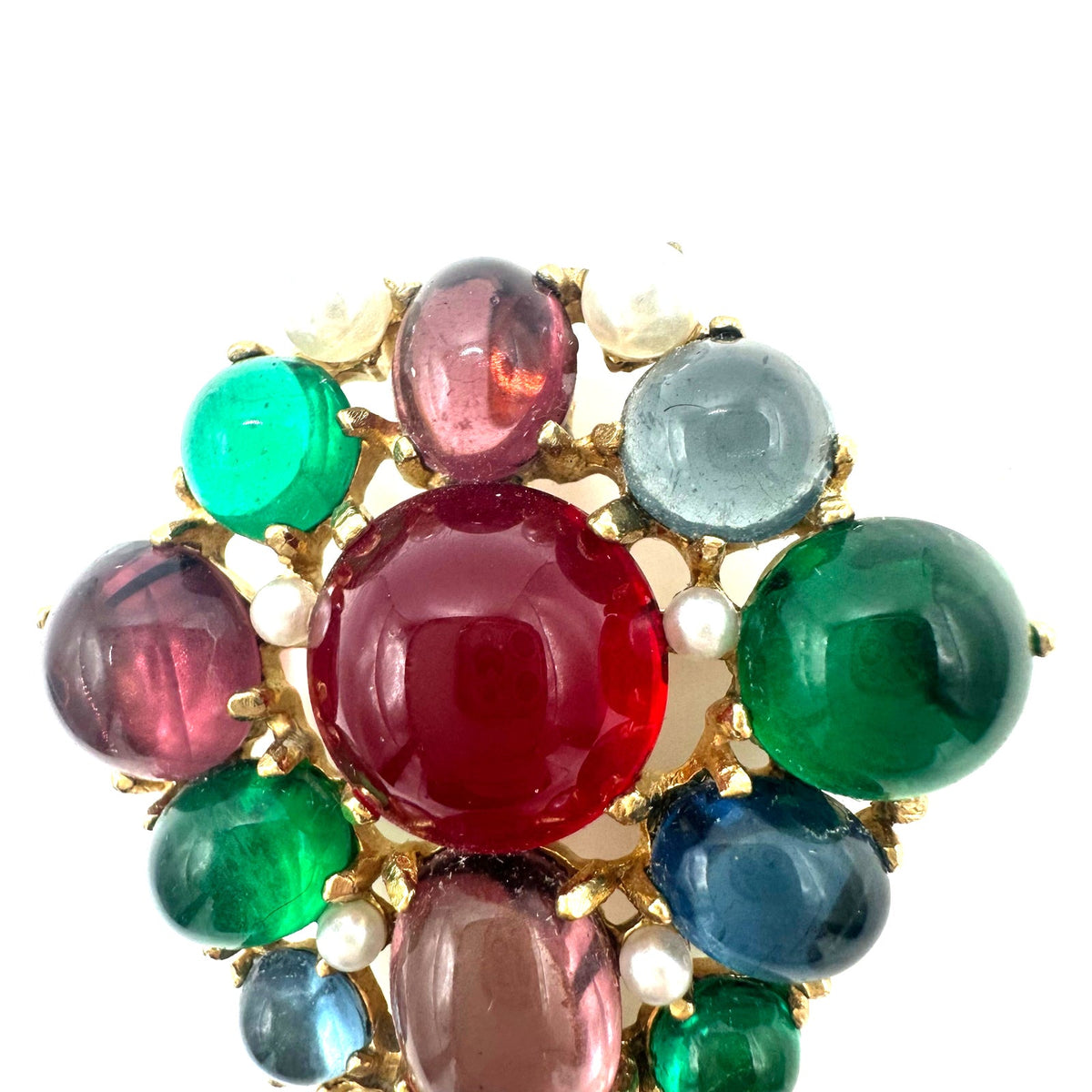 Vintage gold tone multicolor Moghul style glass cabochons pearls brooch pendant
