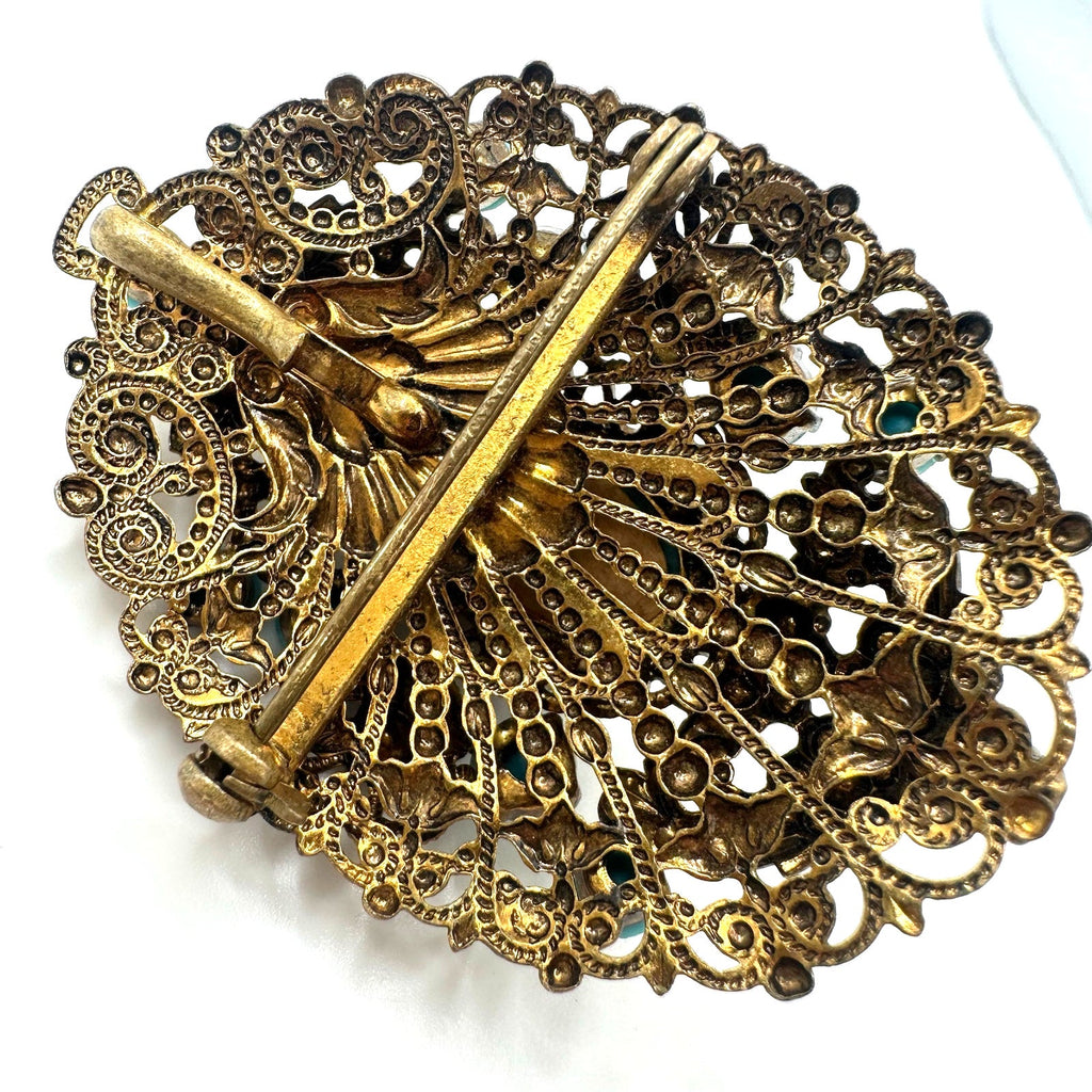 West Germany vintage gold tone turquoise art glass rhinestones brooch pendant