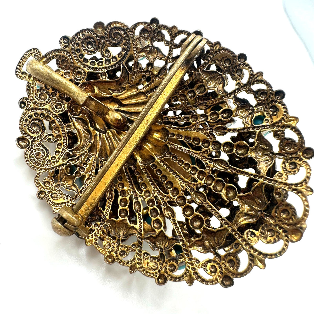 West Germany vintage gold tone turquoise art glass rhinestones brooch pendant