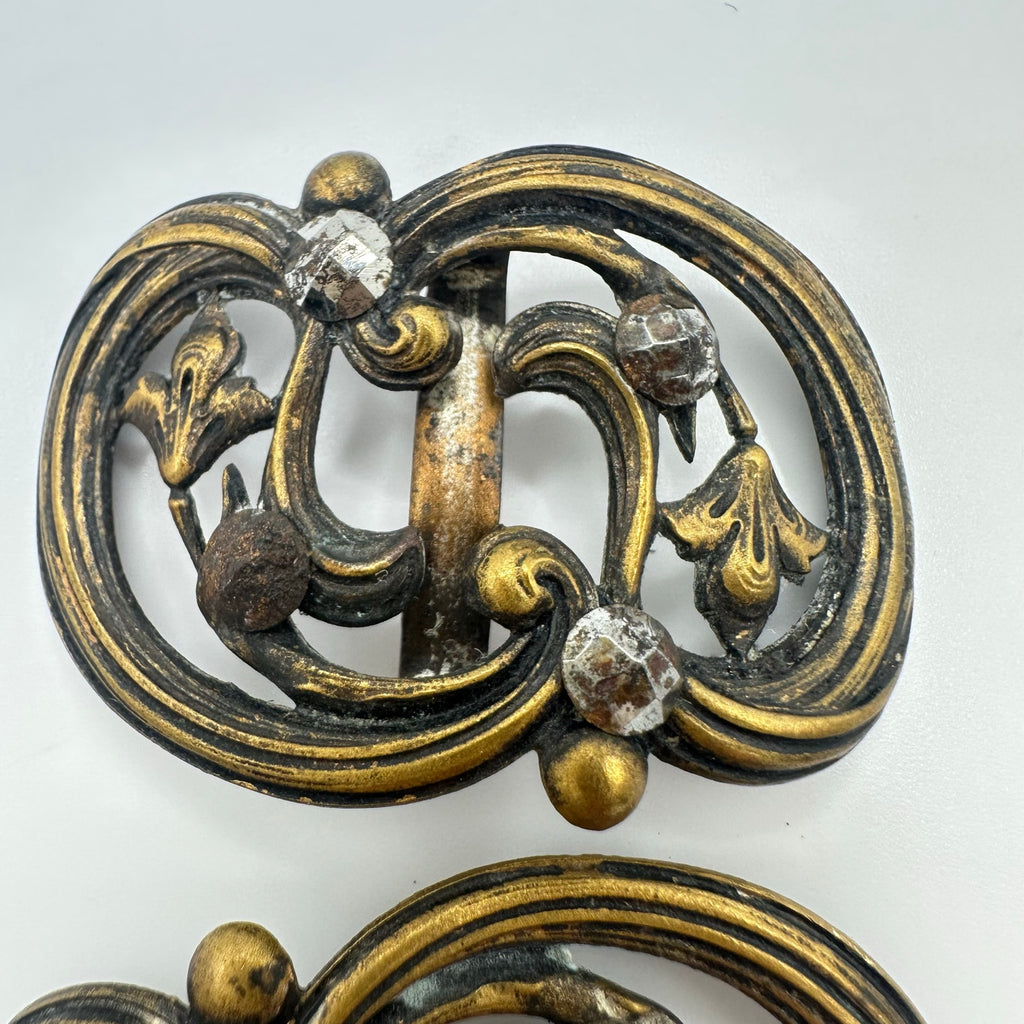 Antique Art Nouveau Victorian pair matching set brass floral cut steel buckles