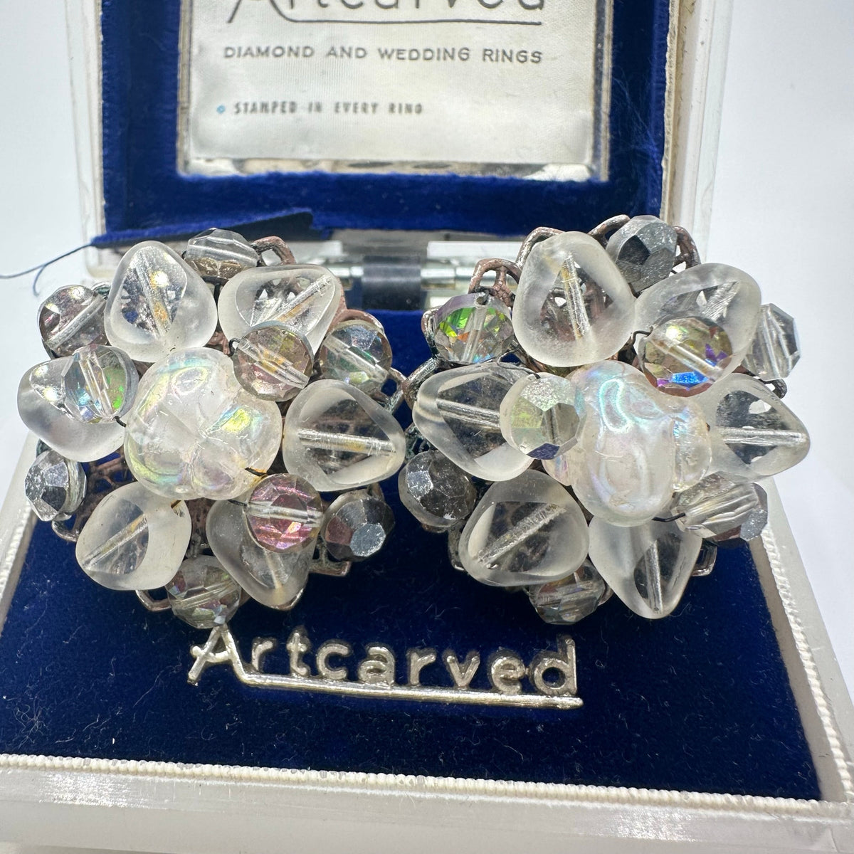Vintage silver tone AB watermelon glass beads beaded cluster clip on earrings