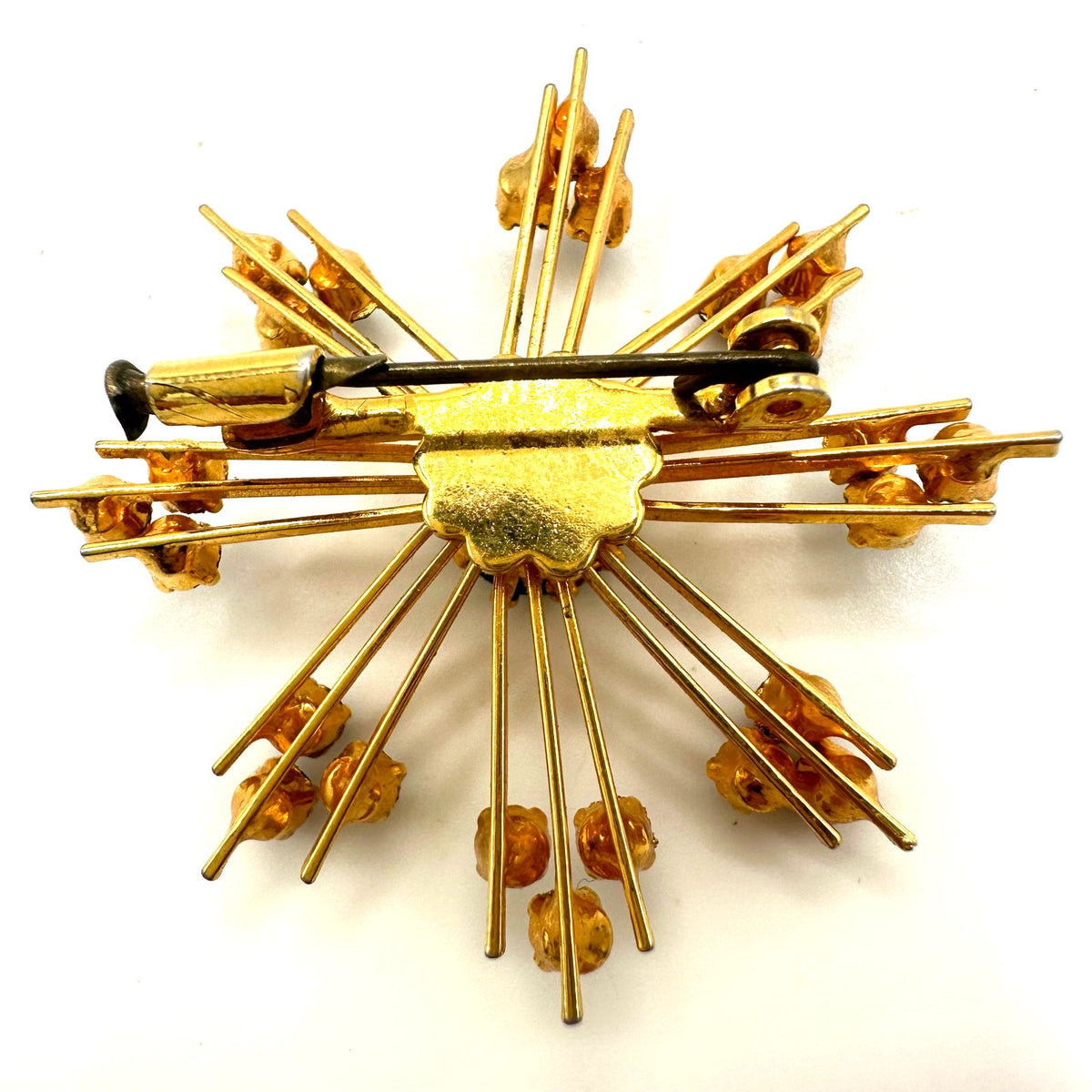 Vintage 1950s gold tone blue teal rhinestones starburst Sputnik brooch