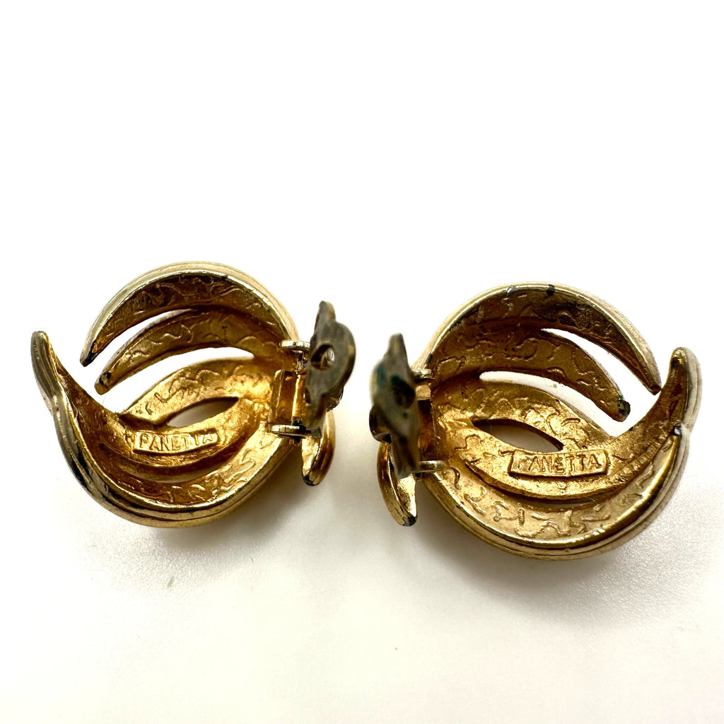 Panetta signed vintage signed gold tone domed abstract leaf clip on earrings