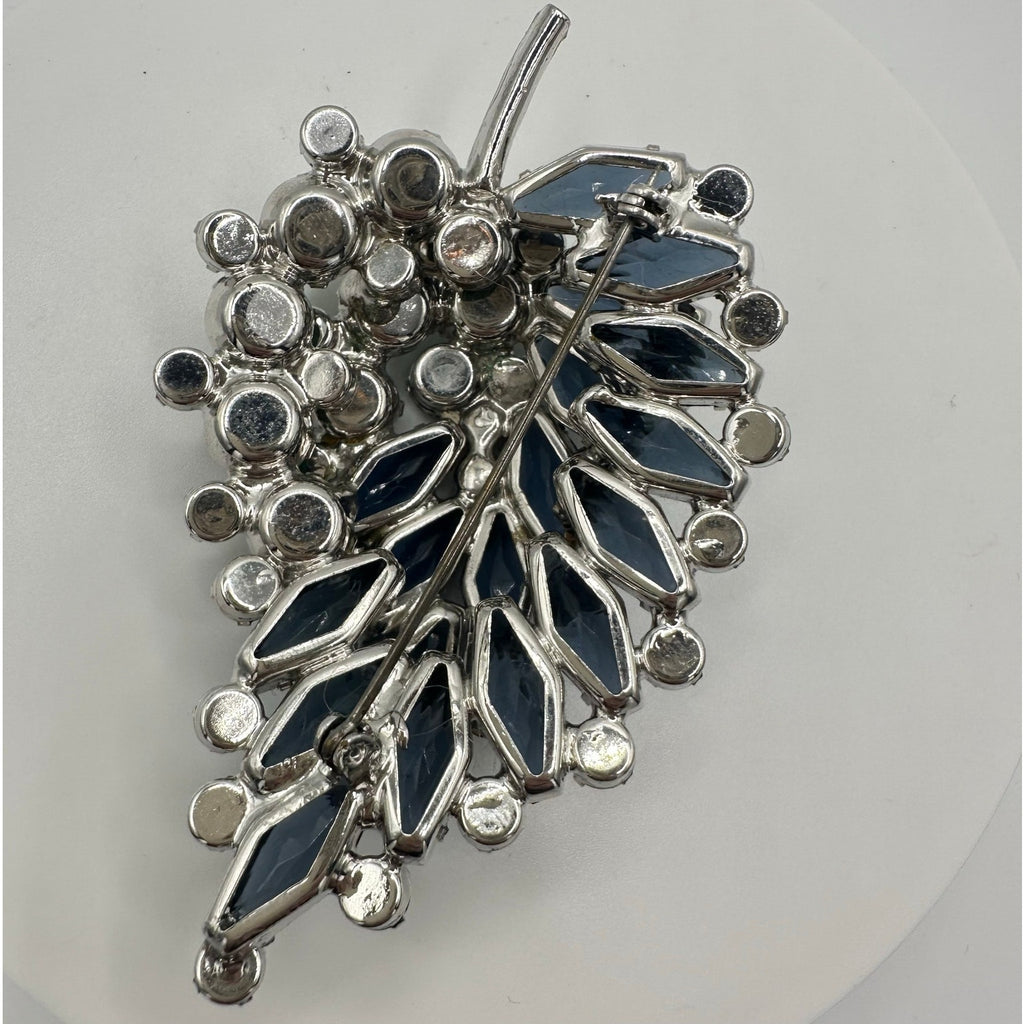 Juliana vintage book piece large silver tone blue green rhinestones leaf brooch