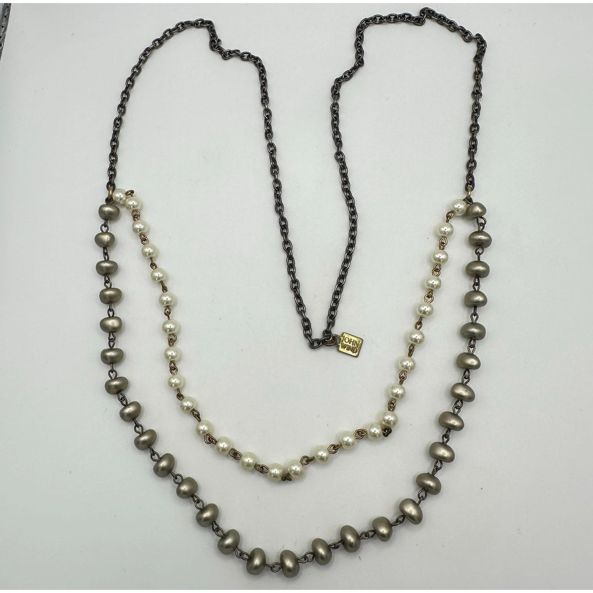 John Wind two-tone 2 double strand cream glass faux pearls beads beaded necklace