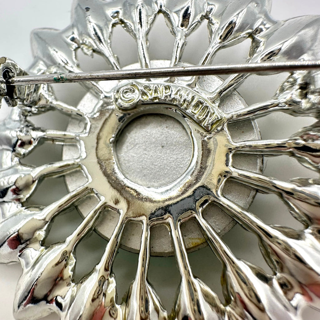 Sarah Coventry 1964 vintage silver tone green clear rhinestones Kathleen brooch