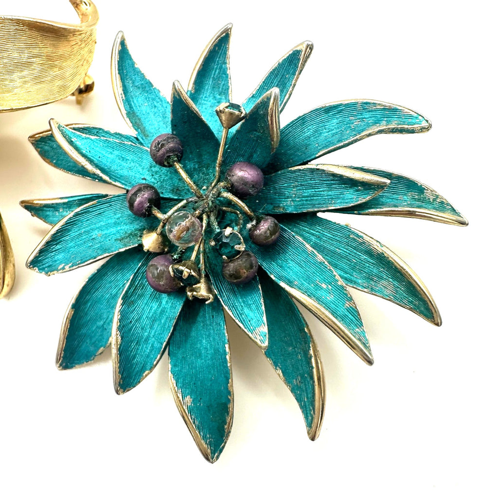 Bundle lot 2 Kramer signed vintage gold tone teal flowers floral brooches