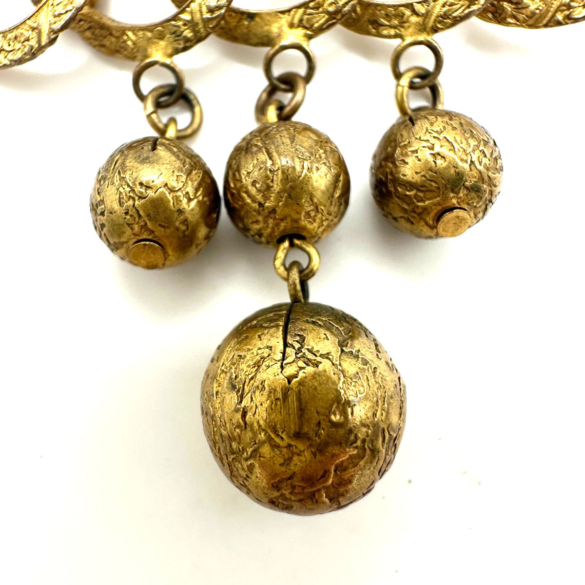 Antique Art Deco gold tone brass dangling ball charms chain bar pin brooch