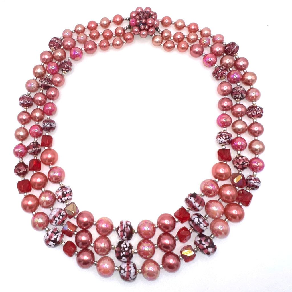 Japan vintage 3 strand pink AB lucite faux pearls red glass beaded necklace