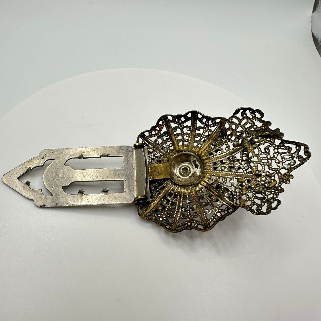 Antique Art Deco brass filigree orange art glass cabochons dress clip