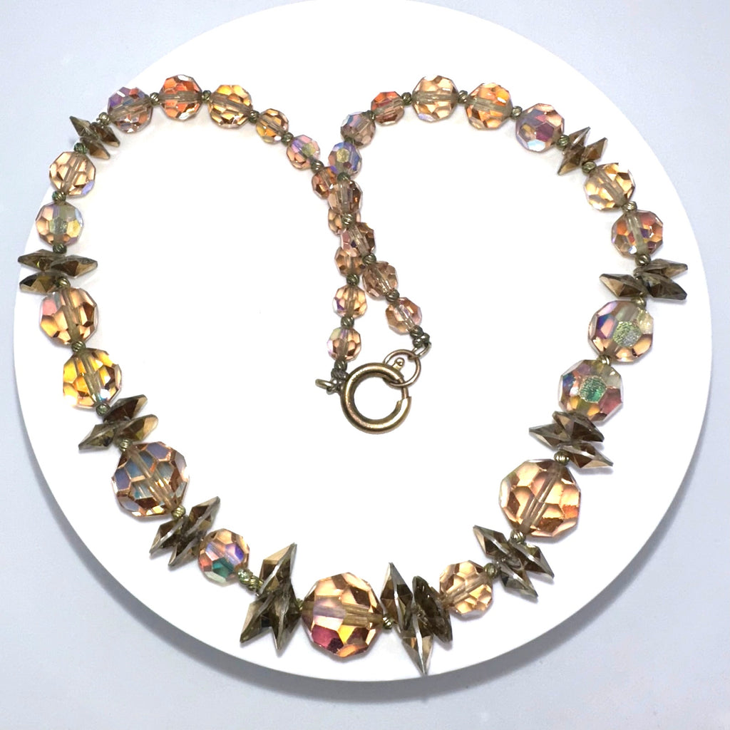 Vintage light topaz faceted glass aurora borealis AB beaded 15.5” necklace