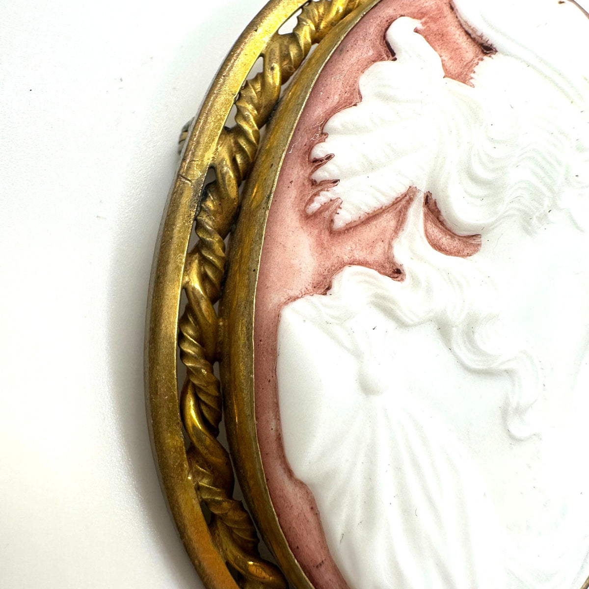 Antique Art Deco 1920s massive white pink porcelain cameo gold tone brooch