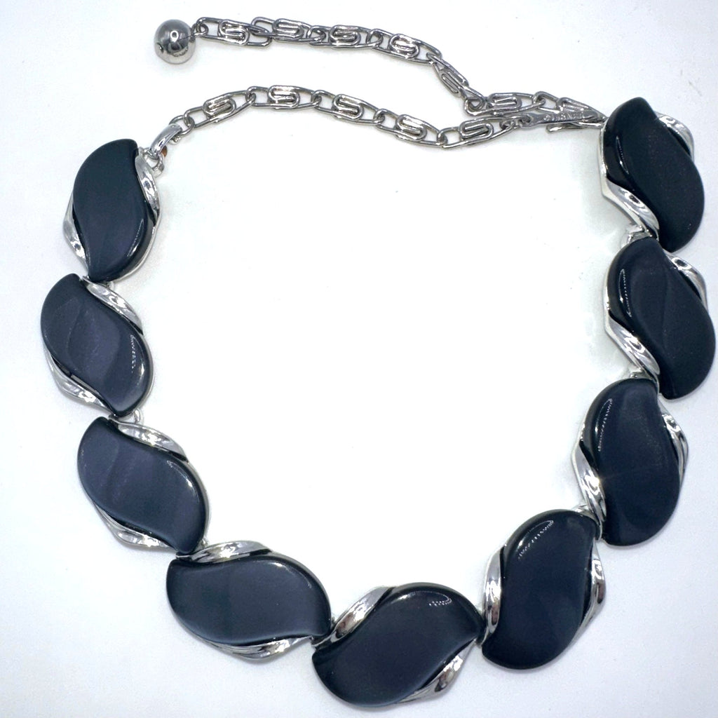 Lisner vintage silver tone black thermoset plastic moonglow lucite necklace