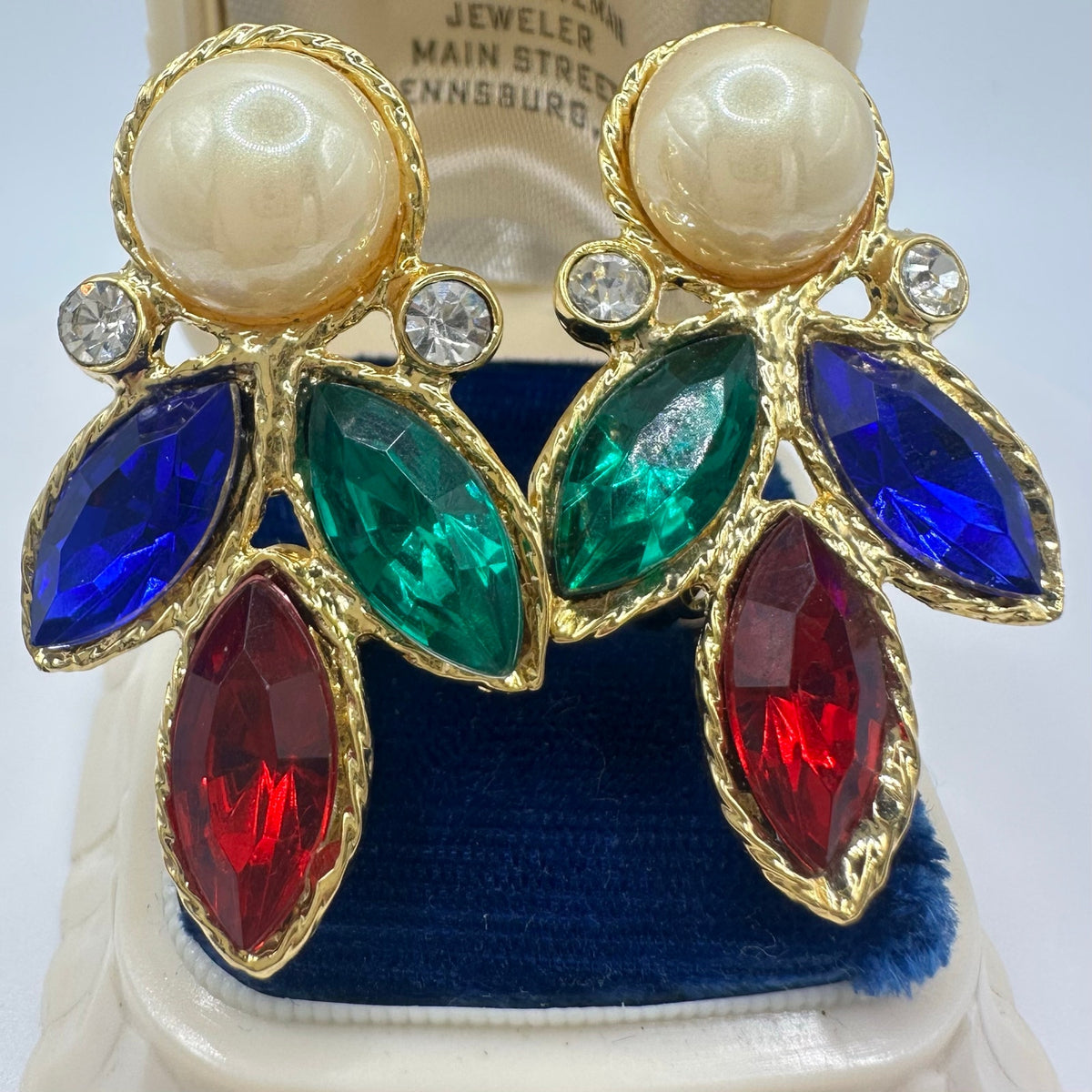 1990s vintage gold tone multicolor rhinestones faux pearls clip on earrings