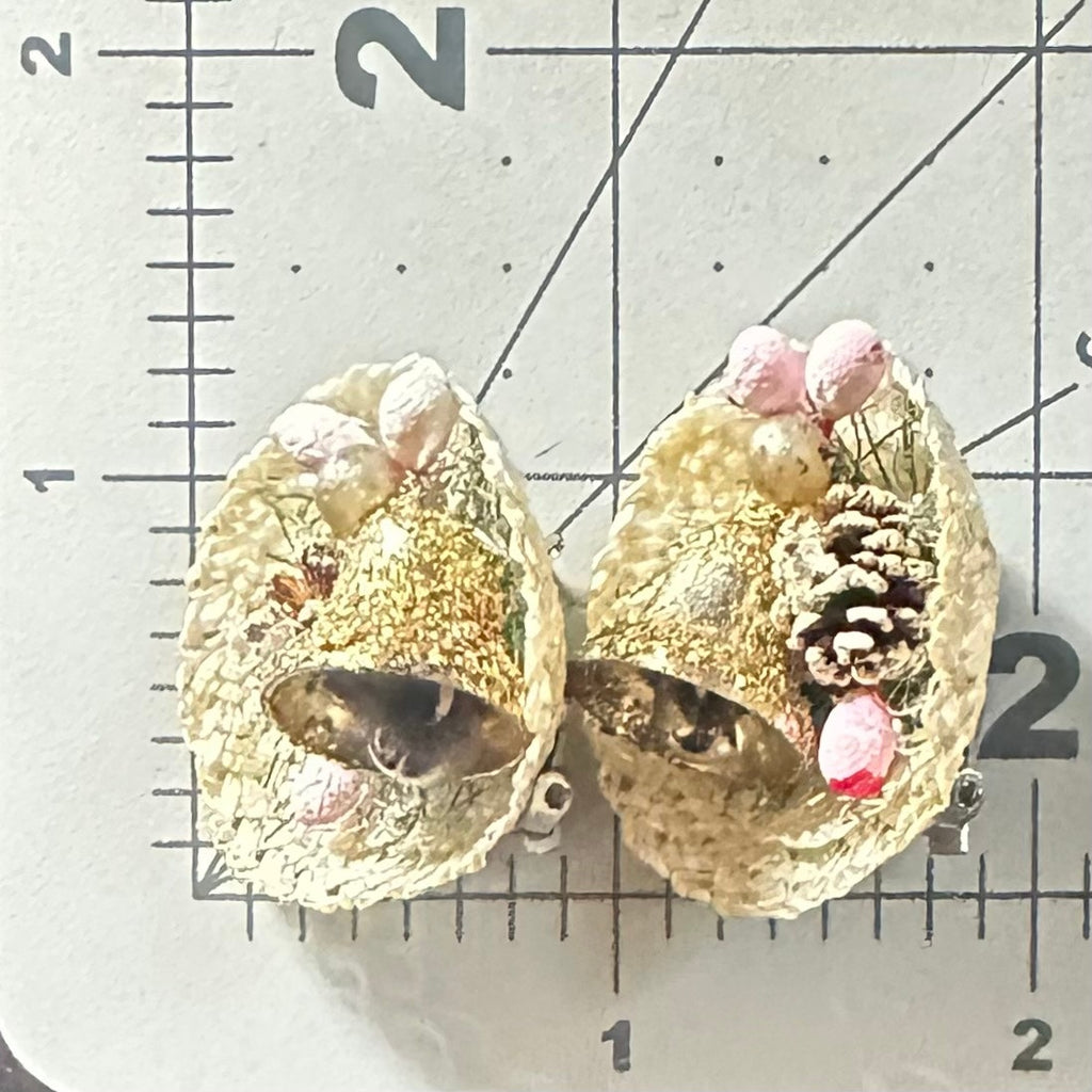 Japan vintage woven baskets pinecone bells berry beaded clip on earrings