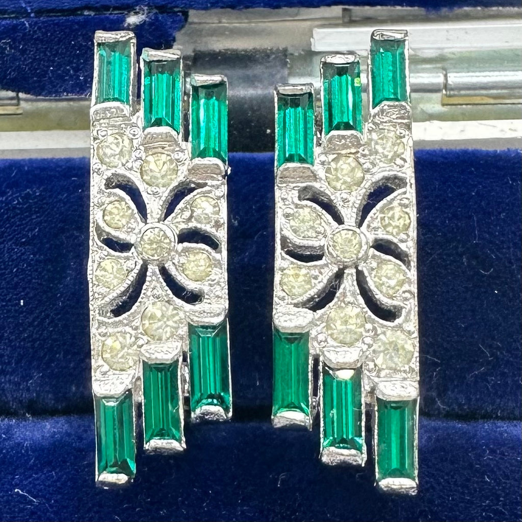 Panetta vintage silver tone clear emerald green rhinestones clip on earrings