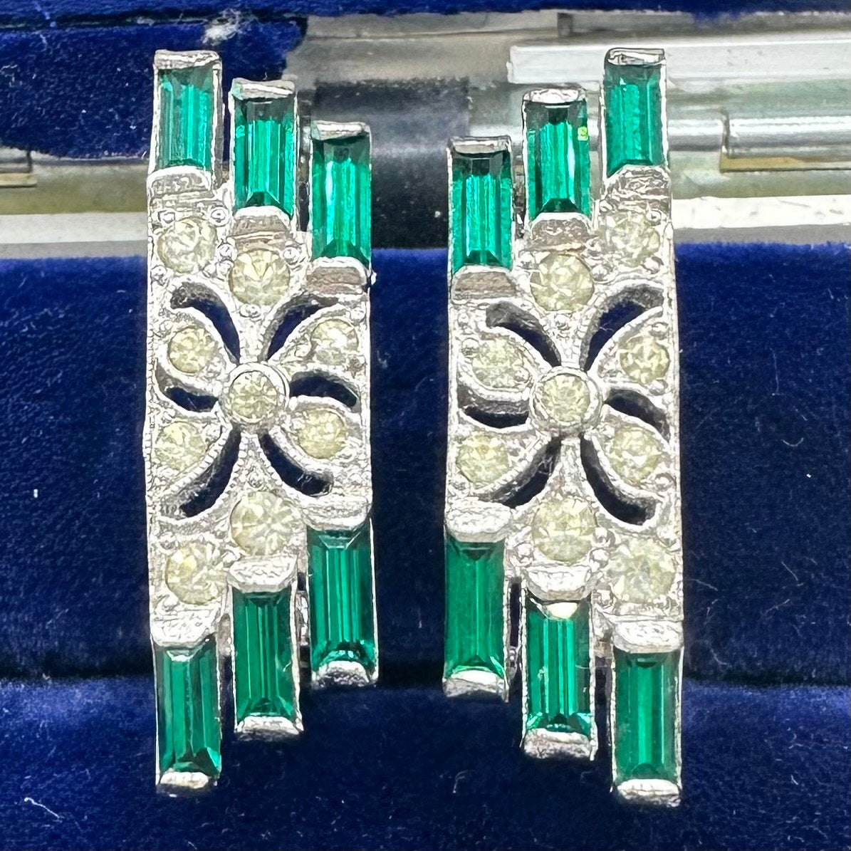 Panetta vintage silver tone clear emerald green rhinestones clip on earrings