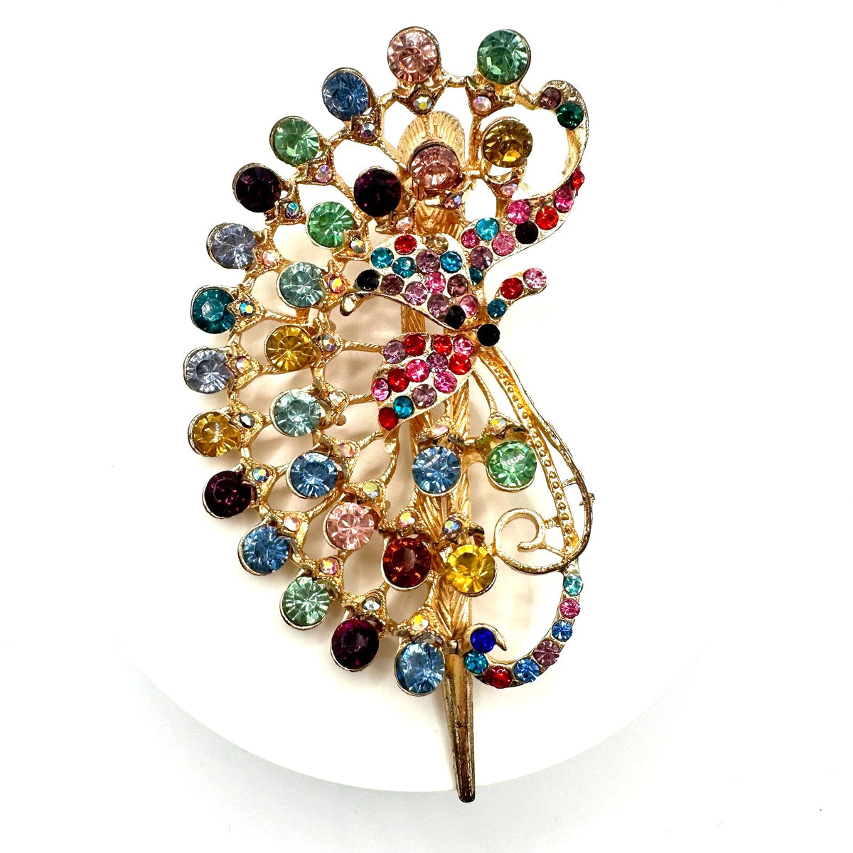 Gold tone multicolor rainbow glass rhinestones barrette hair clip accessory