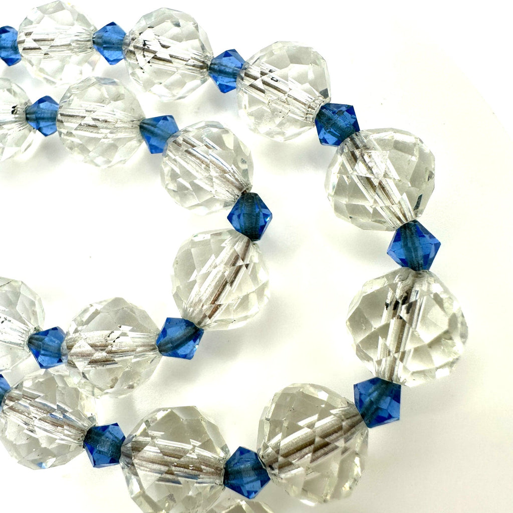 Antique Art Deco 1920s 1930s clear blue faceted Czech glass beads 22" necklace