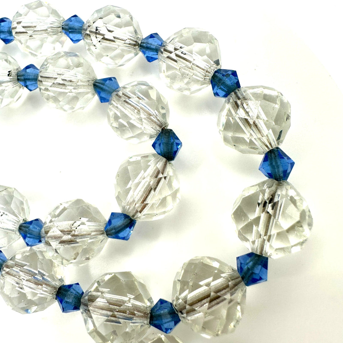 Antique Art Deco 1920s 1930s clear blue faceted Czech glass beads 22" necklace