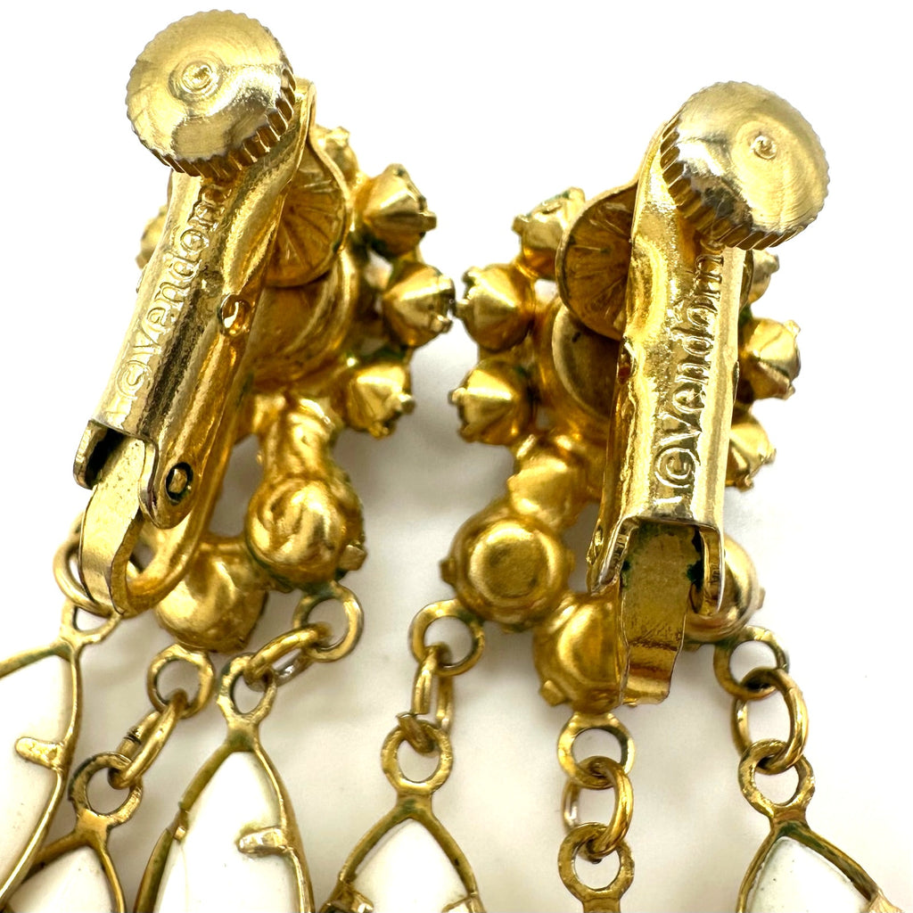 Vendome gold tone white milk glass rhinestones dangle clip on earrings