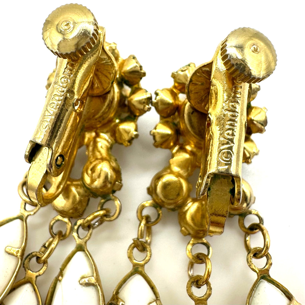 Vendome gold tone white milk glass rhinestones dangle clip on earrings