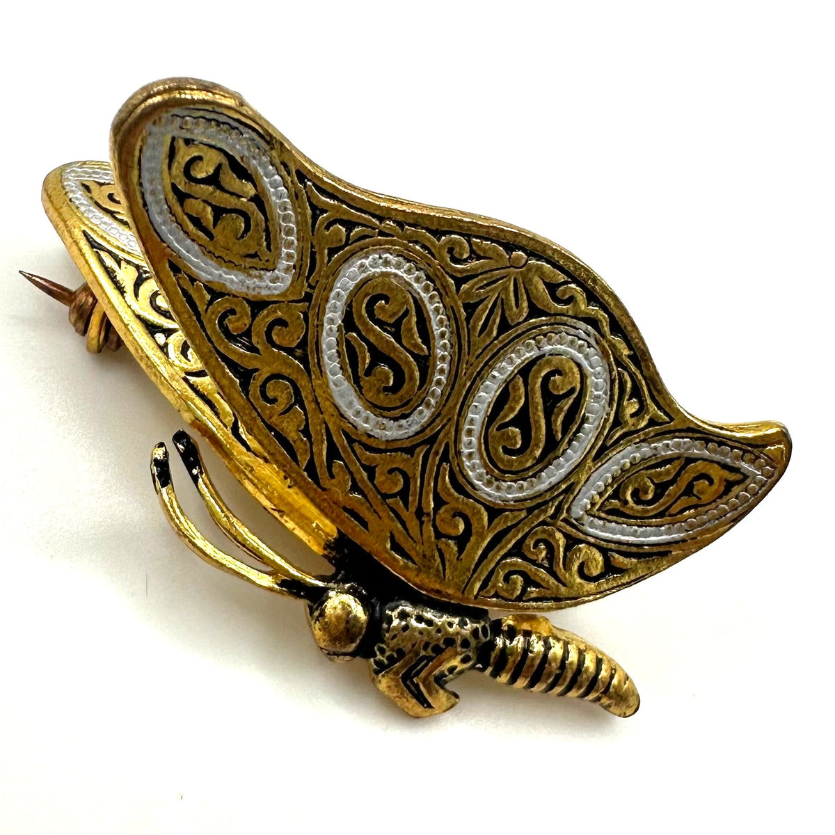 Spain Toledo Damascene gold tone black silver enamel 3D butterfly brooch pin