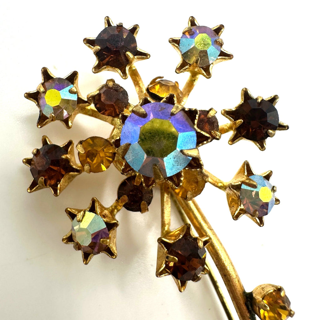 Austria vintage gold tone amber brown topaz glass AB rhinestones flower brooch