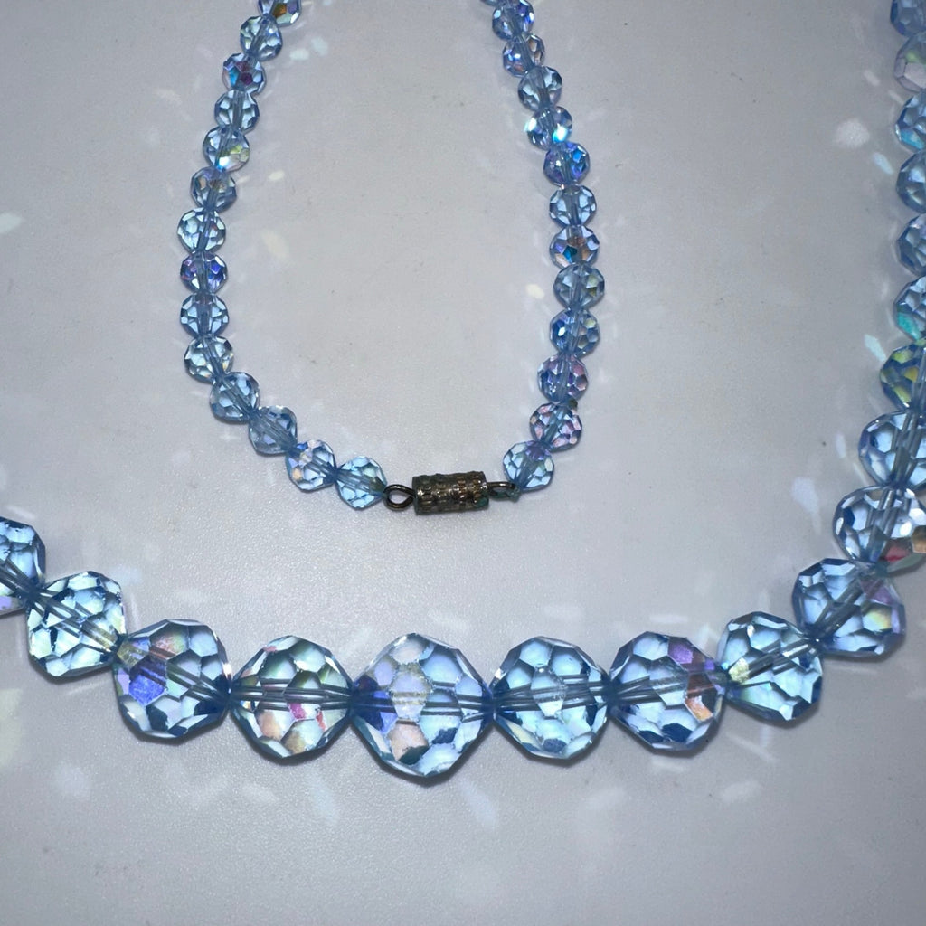 Vintage 1950s light blue AB glass beads beaded 28” graduated necklace