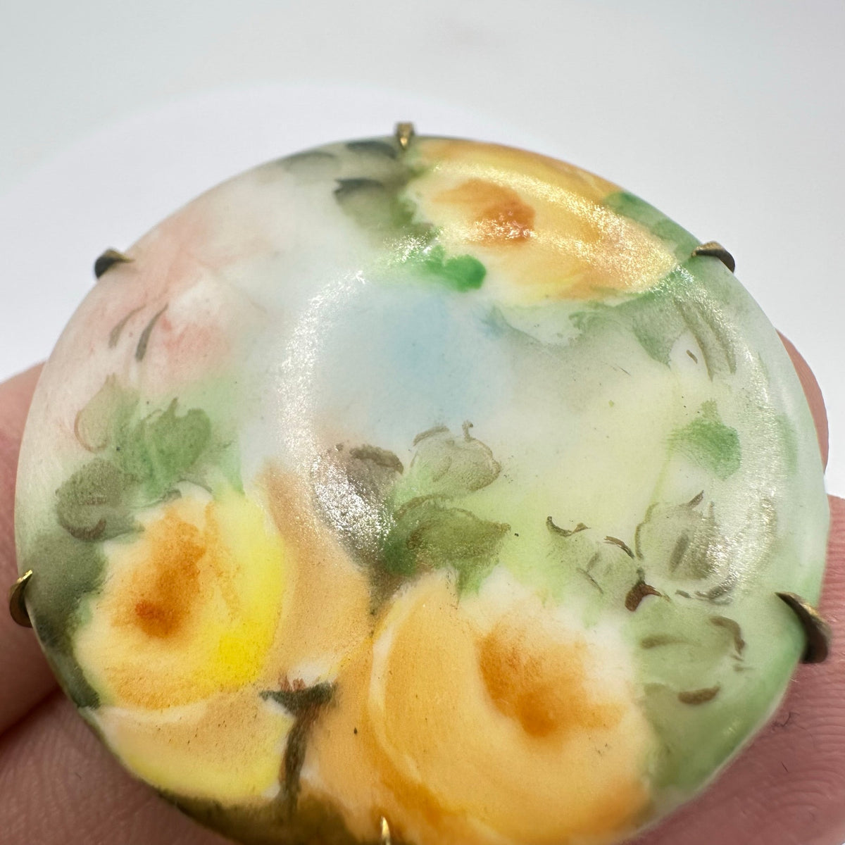 Antique Victorian Edwardian hand painted green yellow round floral brooch pin