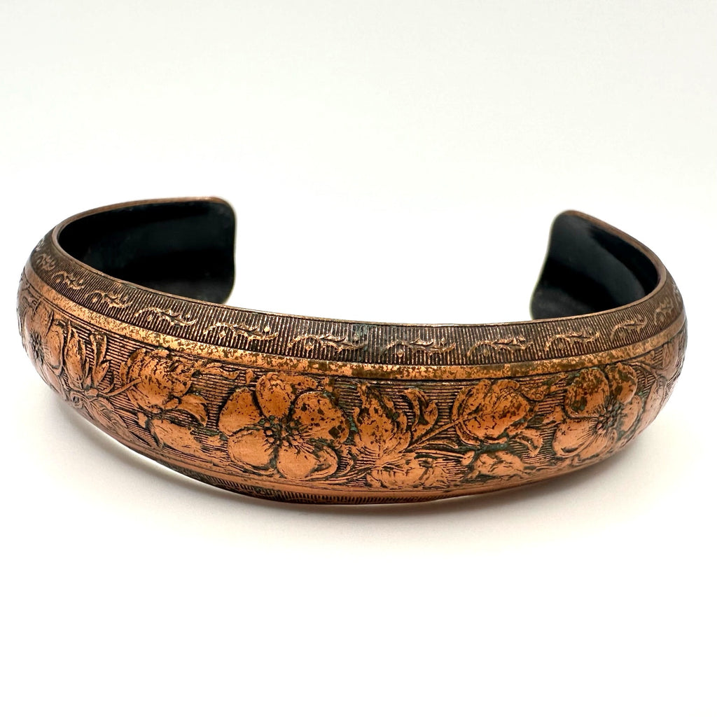 Vintage gold tone solid copper etched flowers floral adjustable cuff bracelet