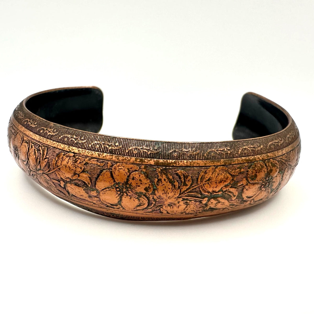 Vintage gold tone solid copper etched flowers floral adjustable cuff bracelet