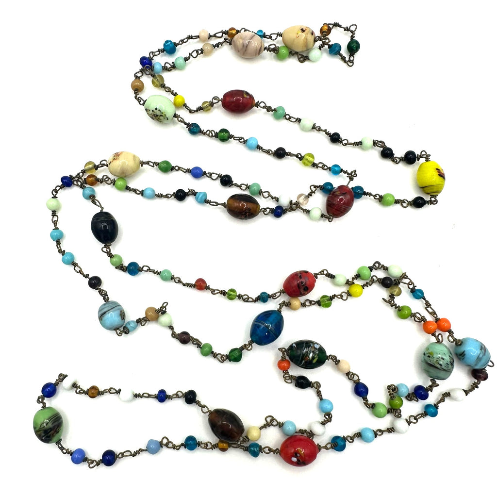 Antique Art Deco Czech art glass multicolor beads beaded brass 52" necklace