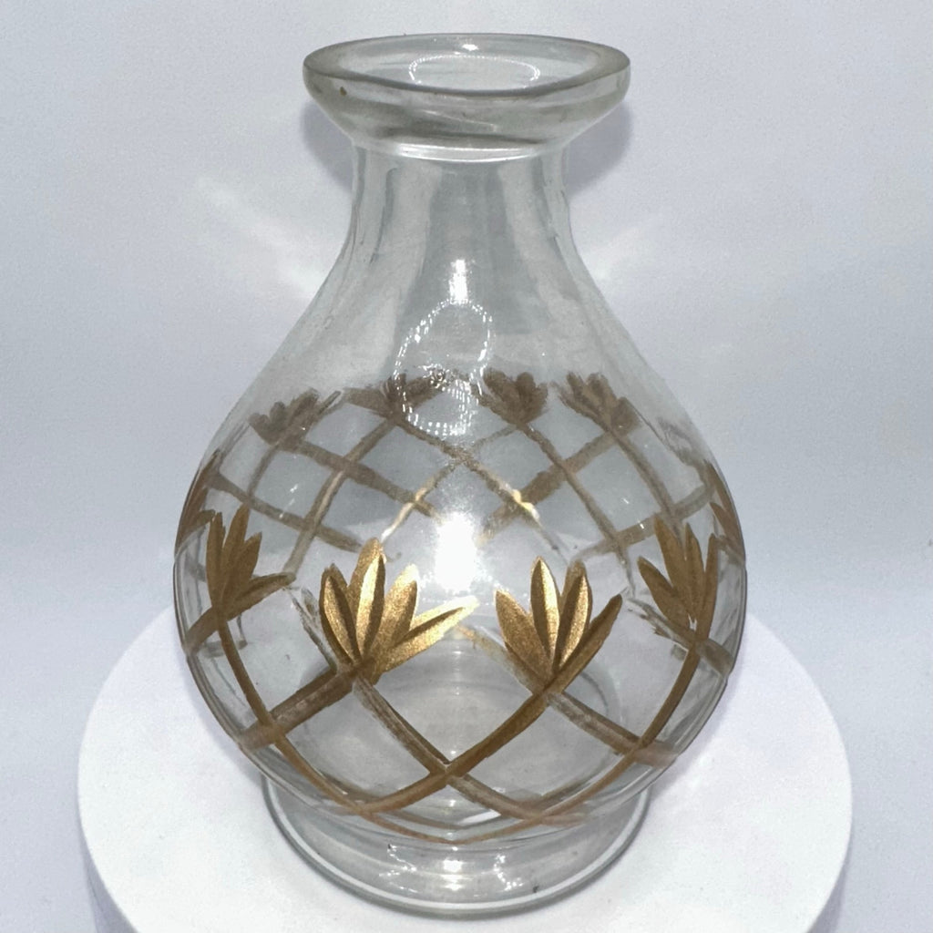 Hand blown midcentury Romanian style clear gold hand painted glass vase 4"