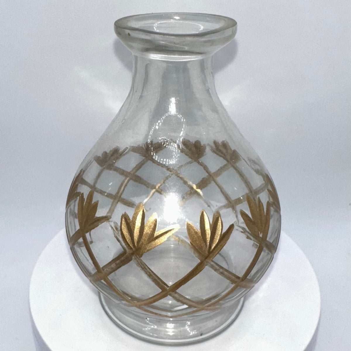 Hand blown midcentury Romanian style clear gold hand painted glass vase 4"