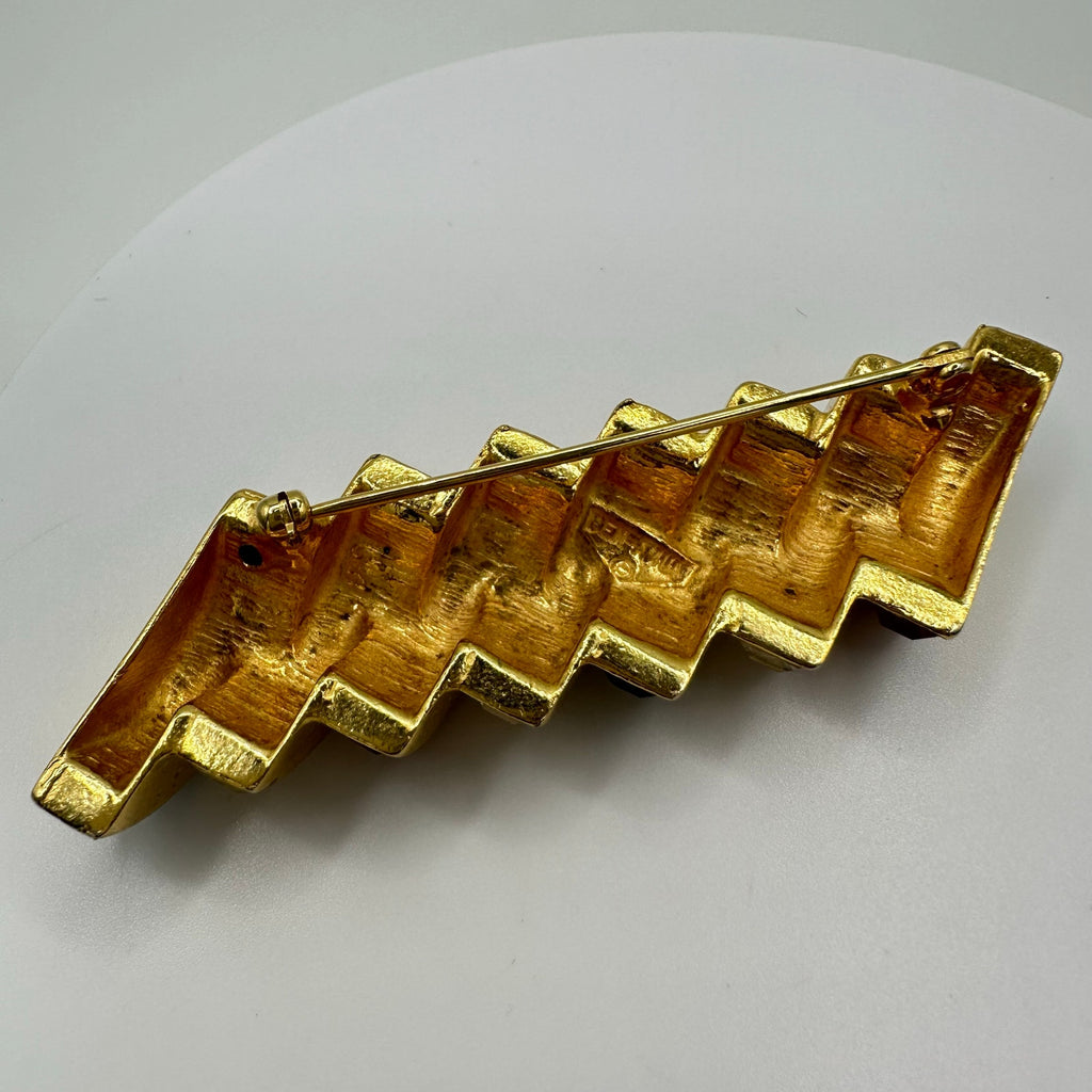 Ben-Amun vintage gold tone red blue clear square rhinestones half circles brooch