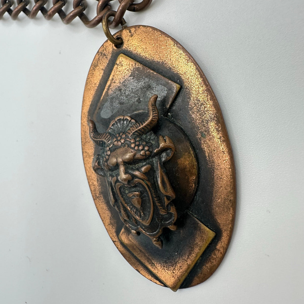 Vintage 1970s cast copper Viking figural pendant curb link chain necklace
