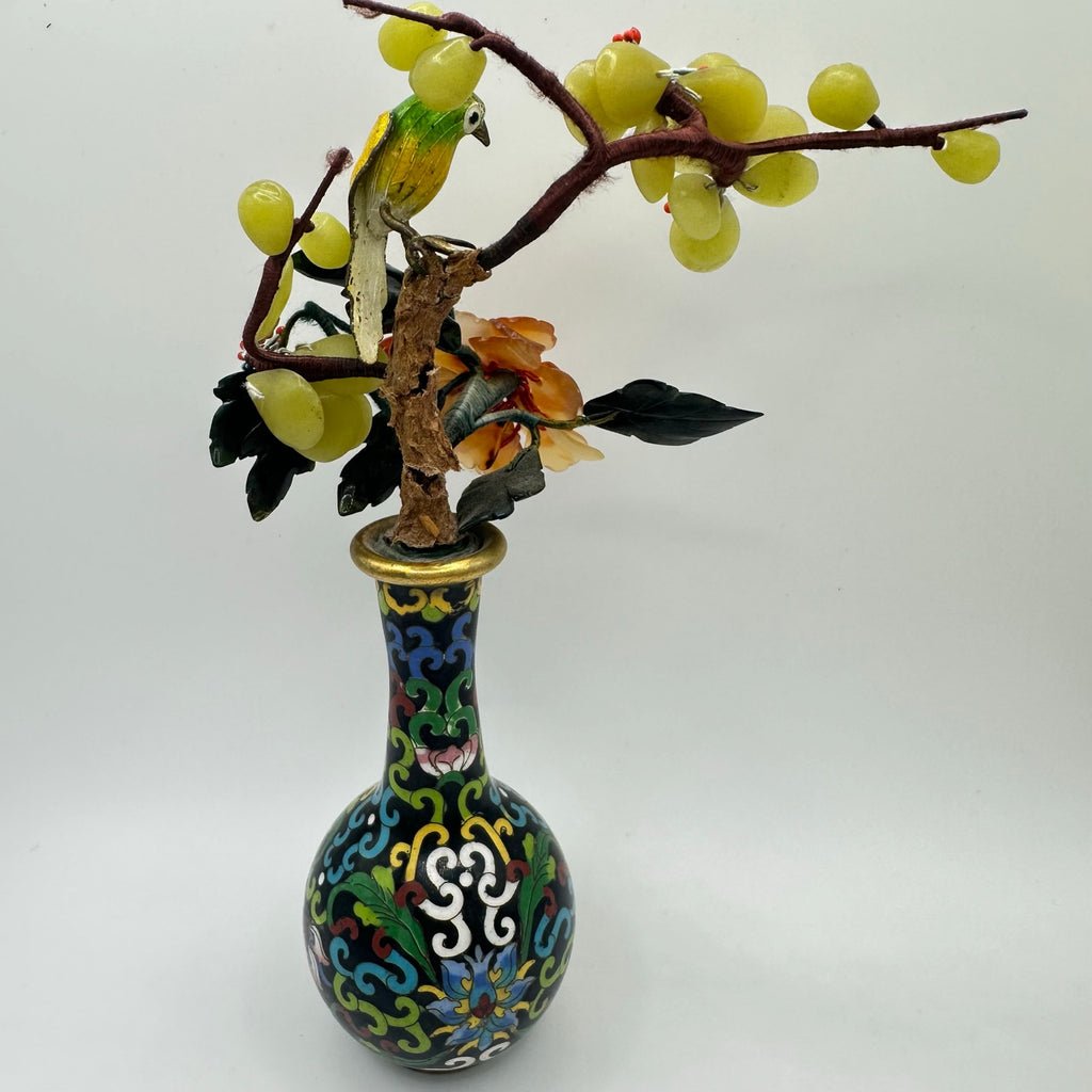 Vintage Chinese cloisonné enamel vase guilloche bird semiprecious flowers tree