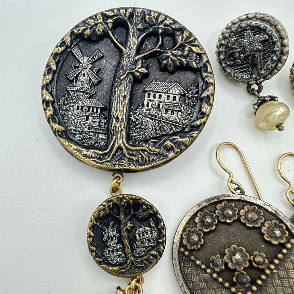 Bundle lot antique Victorian pictorial buttons upcycled brooch 2 pair earrings