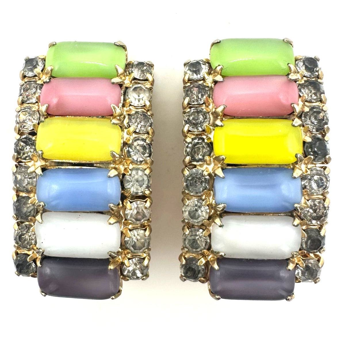 Vintage gold tone multicolor satin glass cabochons rhinestones clip on earrings