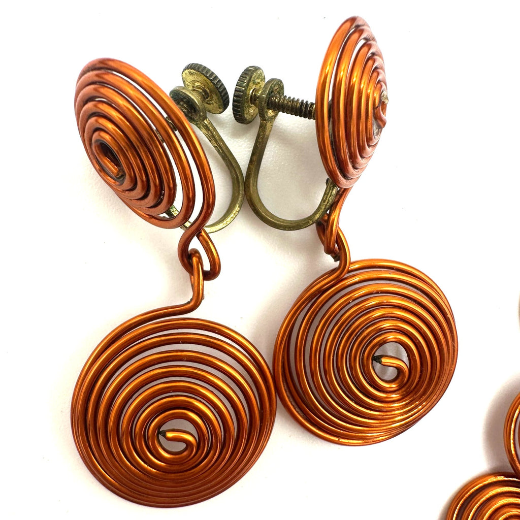 Vintage handmade artisan solid copper modernist necklace screw back earrings set