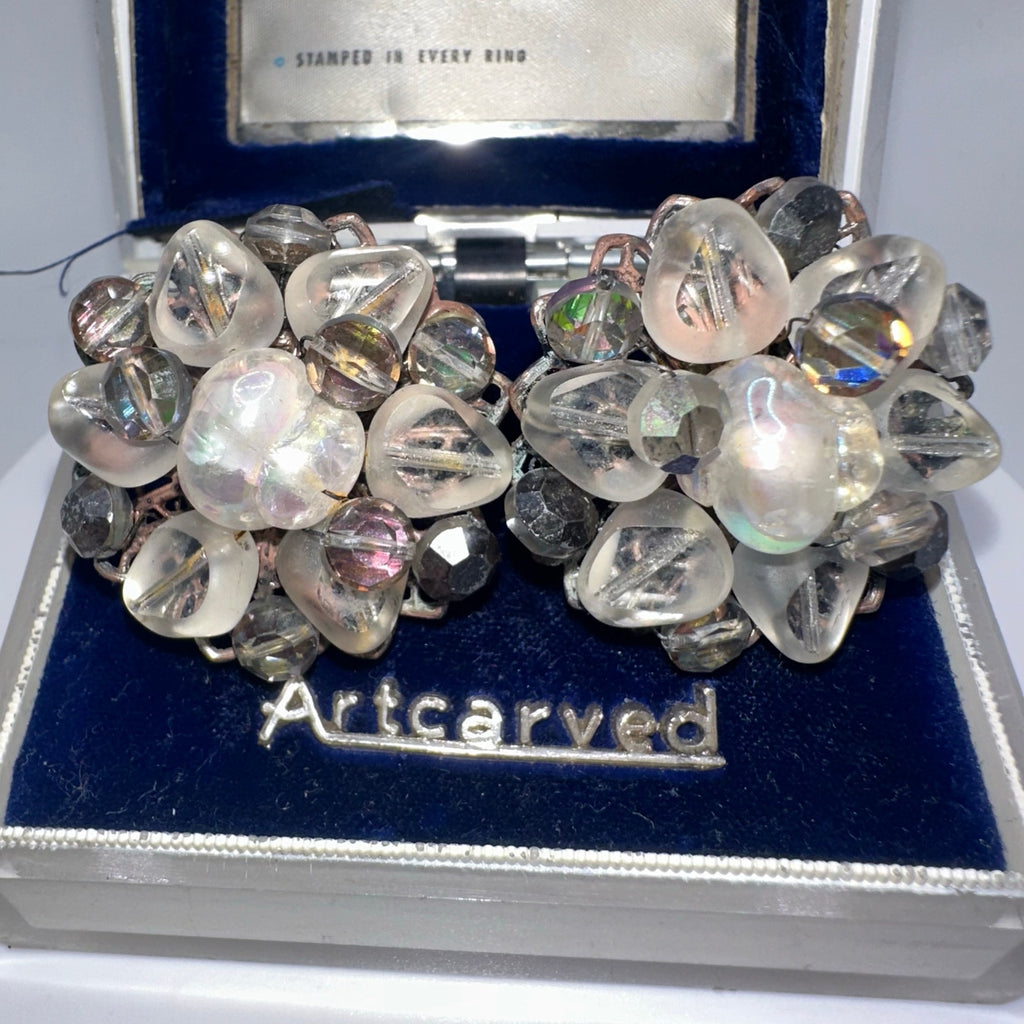 Vintage silver tone AB watermelon glass beads beaded cluster clip on earrings