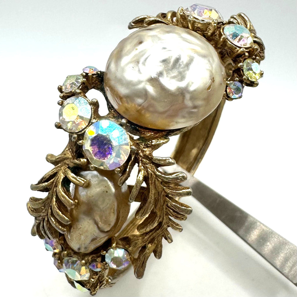 HAR vintage gold tone AB rhinestones pearl cabochons bracelet clip on earrings